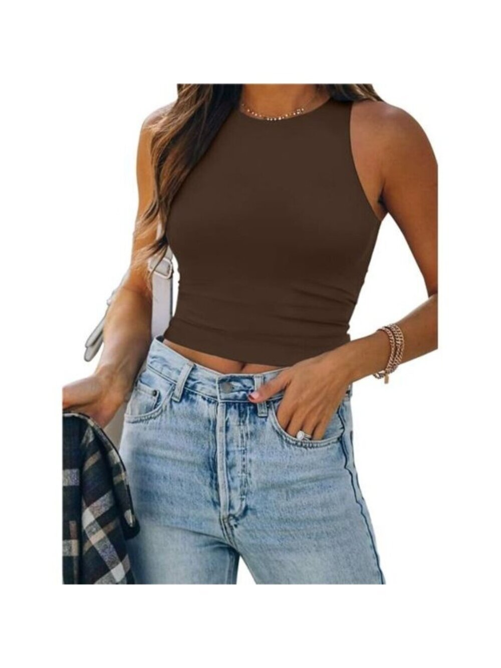 Womens Double Lined Crop Tank Tops Casual Basic Shirts Sleeveless Brown